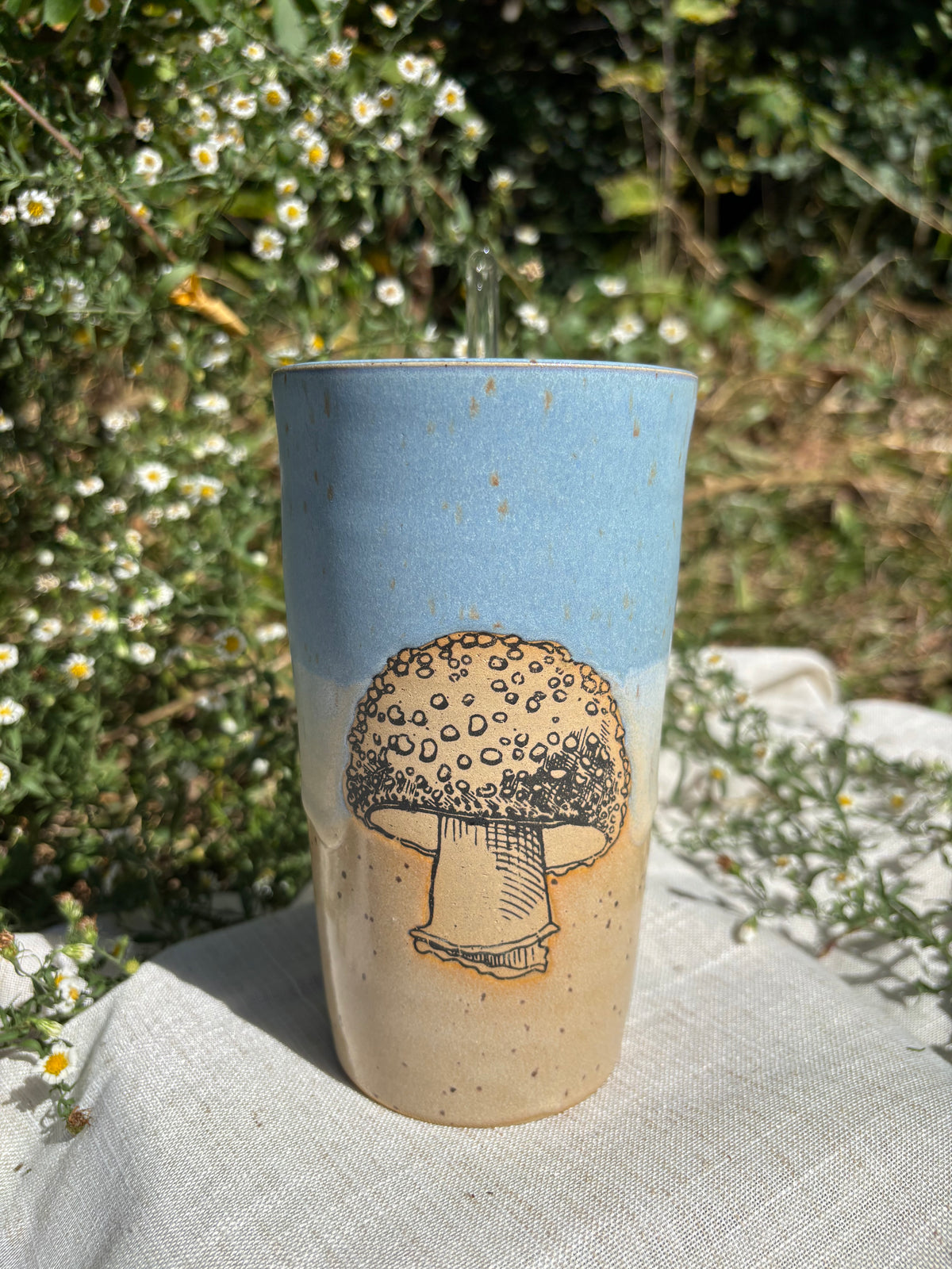 Blue and Yellow Mushroom Straw Cup
