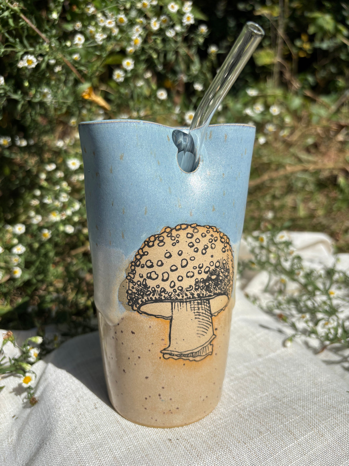 Blue and Yellow Mushroom Straw Cup